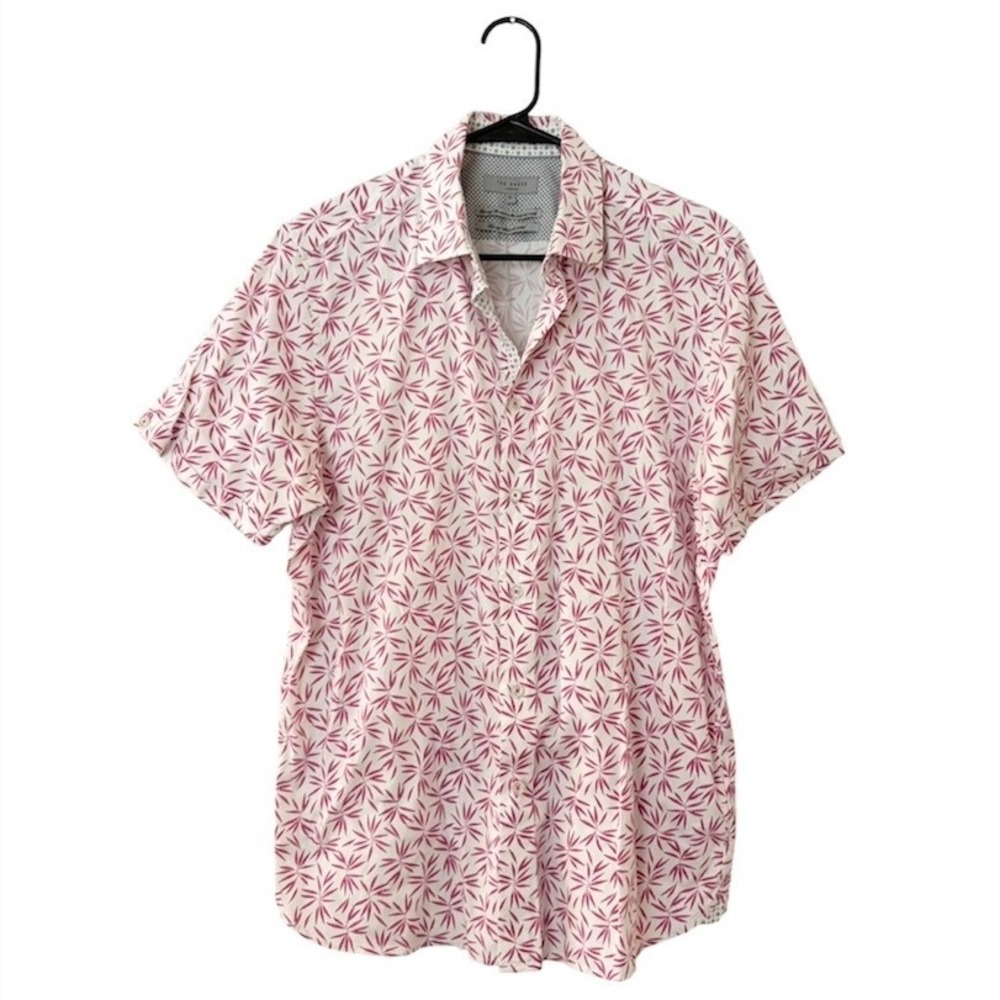 Ted Baker London Mens Leaf Print Short Sleeve Button Down Shirt LARGE